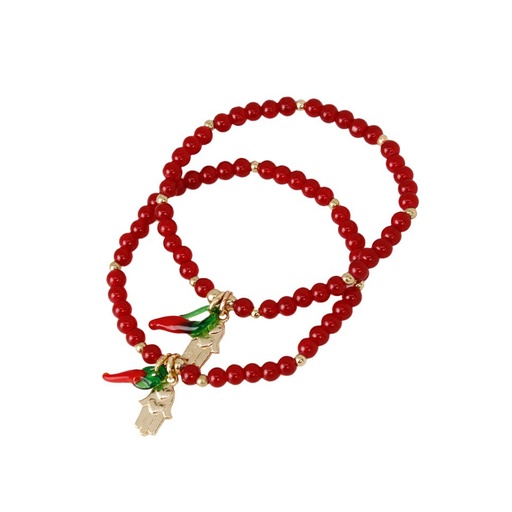 Set Pulseras Elasticas Rojas con Aji Rojo y Mano de Fatima