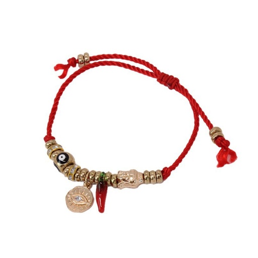 Pulsera Hilo Roja con Dijes Dorados con Ojo Turco y Aji Rojo