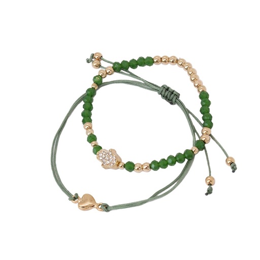 [{76879] Set Pulseras Verde Elastica con Mano de Fatima con Strass y de Hilo con Corazon