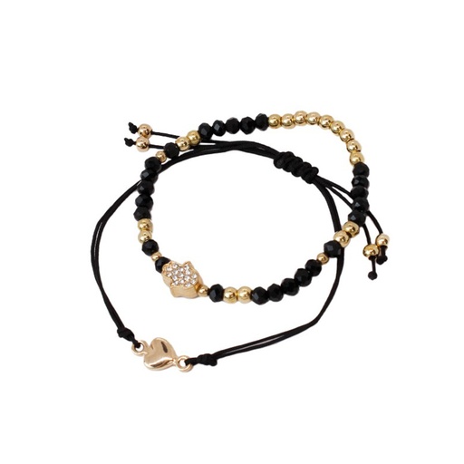 [{76879] Set Pulseras Negras Elastica con Mano de Fatima con Strass y de Hilo con Corazon