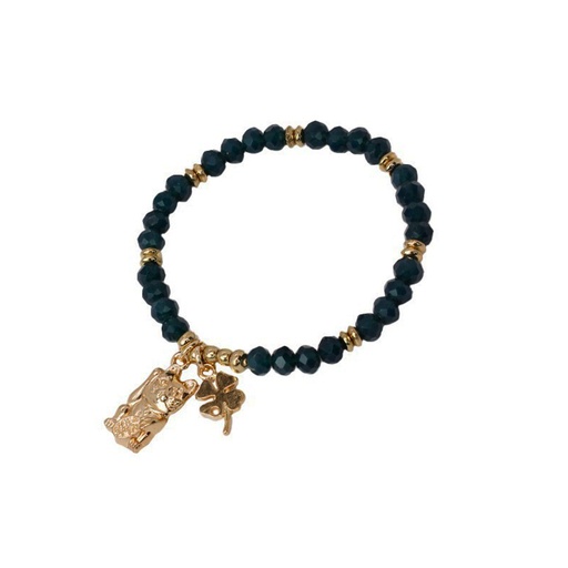 [{76579] Pulsera Elastica Verde con Gatito y Trebol Dorados