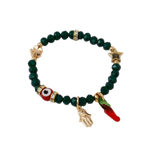 Pulsera Elastica Verde con Ojo Turco, Mano de Fatima y Aji Rojo