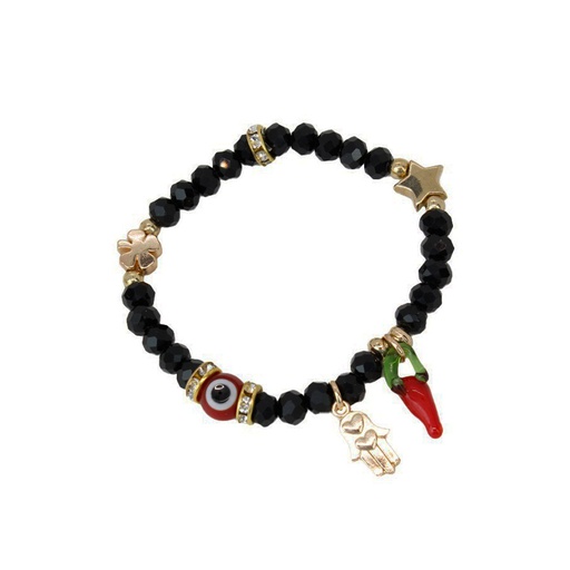 [{78423] Pulsera Elastica Negra con Ojo Turco, Mano de Fatima y Aji Rojo