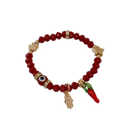 [{78423] Pulsera Elastica Roja con Ojo Turco, Mano de Fatima y Aji Rojo