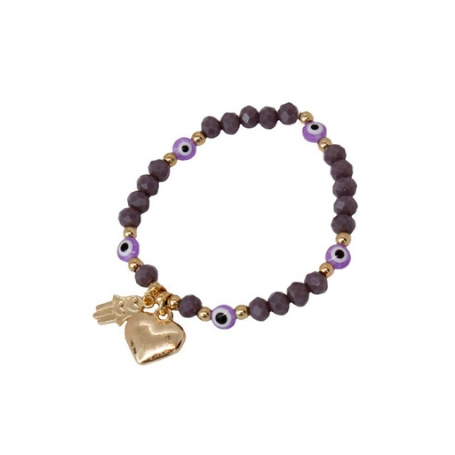 [{78689] Pulsera Elastica Lila con Dijes Dorados de Corazon y Mano de Fatima con Ojos Turcos
