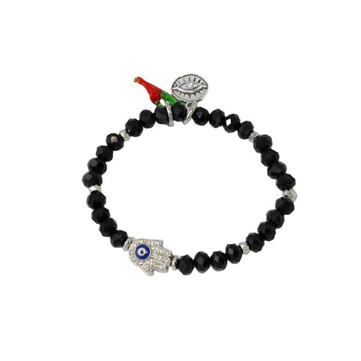 Pulsera Elastica Negra con Mano de Fatima con Strass con Dije de Aji Rojo y Ojo