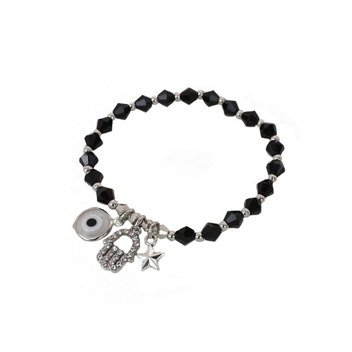 Pulsera Elastica Negra con Ojo Turco, Estrella y Mano de Fatima con Strass