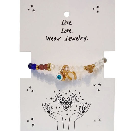 [{79401] Pulsera Elastica con 7 Colores con Dijes Dorados de Herradura, Trebol, Ojo Turco y Mano de Fatima