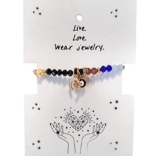 [{79401] Pulsera Elastica Negra con 7 Colores con Dijes Dorados de Herradura, Trebol, Ojo Turco y Mano de Fatima