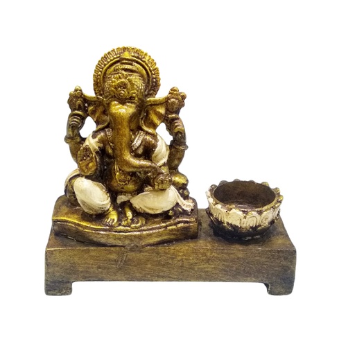 Porta Vela Altar Ganesha Dorado Manto Blanco 15cm