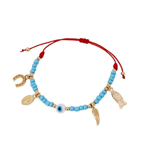 [¨81585] Pulsera Hilo Cyan con Ojo Turco y Dijes Varios