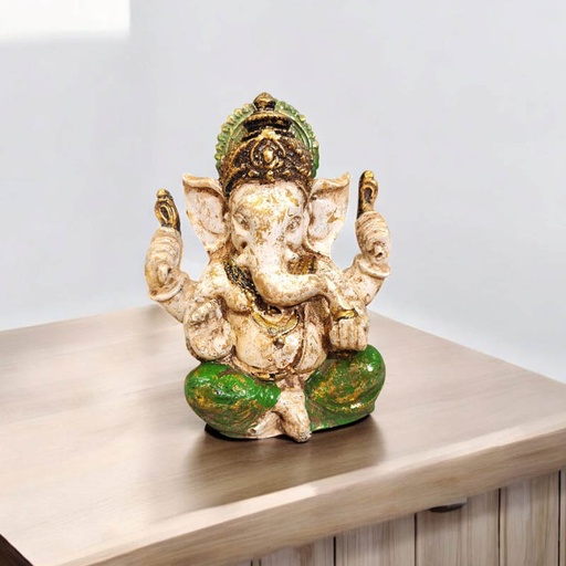 Ganesha Blanca Manto Verde Resina 12cm