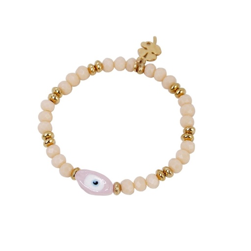 Pulsera Elastica Rosa con Ojo Turco y Trebol Dorado
