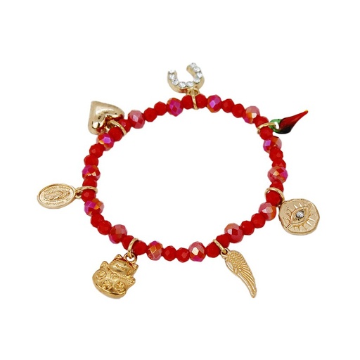 Pulsera Elastica Roja con Dijes Varios Dorados