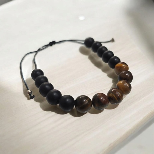 Pulsera Gema Ojo de Tigre con Piedras Naturales Negro Mate Hilo