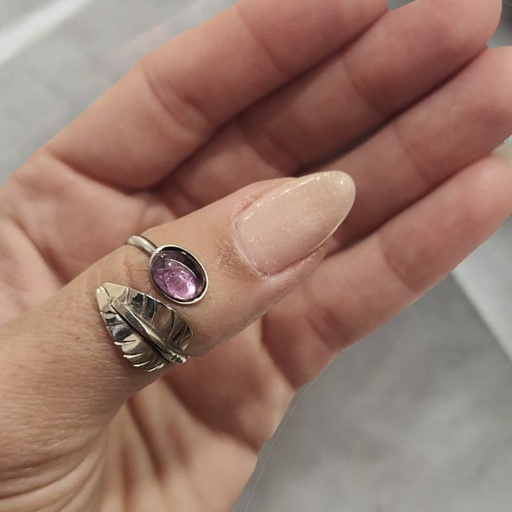 Anillo Gema Amatista con Hoja Alpaca