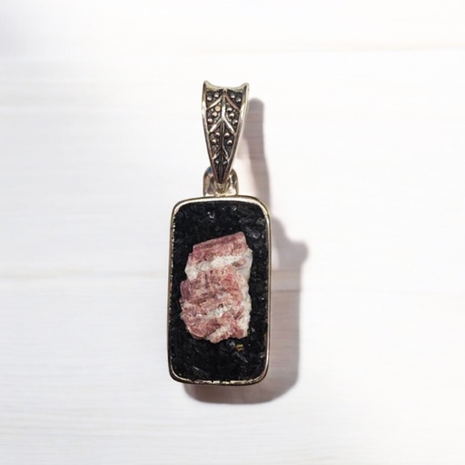 Dije Gema Rectangular Turmalina Negra y Turmalina Rosa en Base de Acero