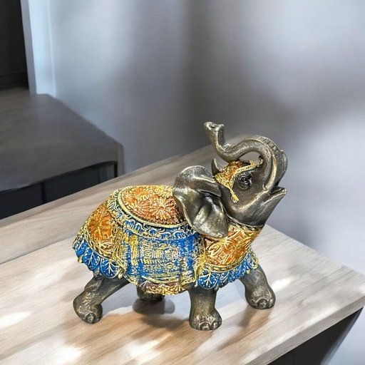 Elefante Manto Azul/Naranja de Resina 12cm