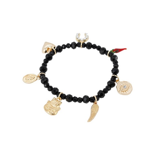 [84985] Pulsera Elastica Negra con Cuerno, Gatito y Dijes Varios