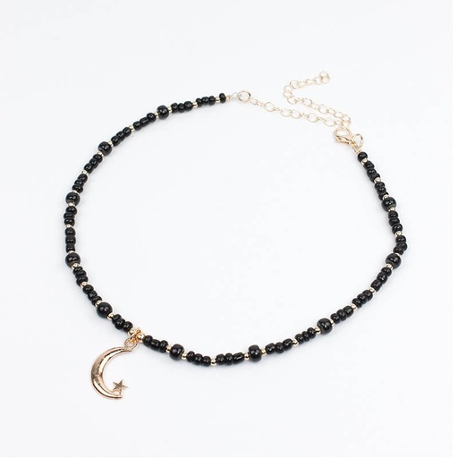 [95323] Collar Negro Dije Luna con Estrella Dorada