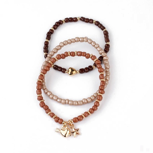 Set Tres Pulseras Tonos Beige con Dijes Corazon y Estrella