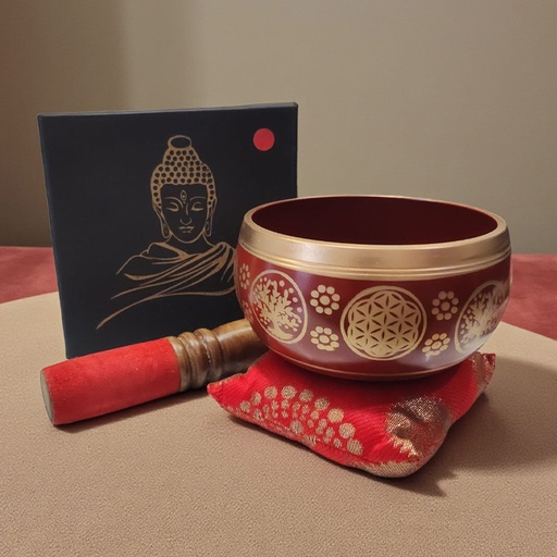 Cuenco Tibetano Rojo con Zafu, Baqueta y Caja Buda 13cm