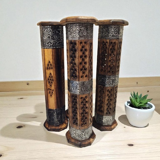 Porta Sahumerio Torre Octogonal con Bandas Metal 31cm