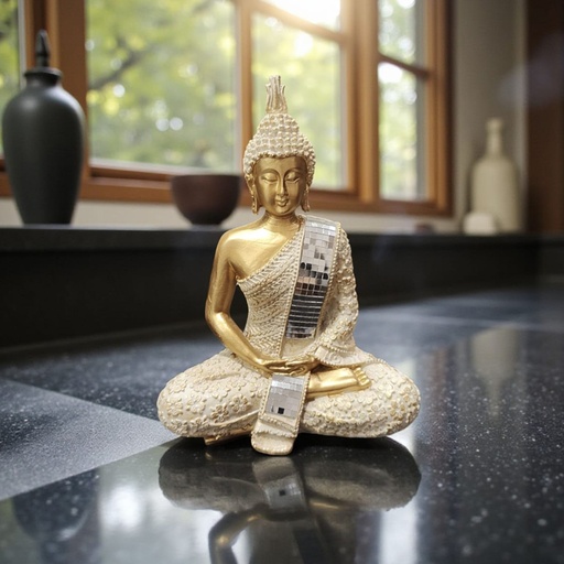 [114367] Buda Dorado Meditando con Banda Espejada 18cm Modelo N°1